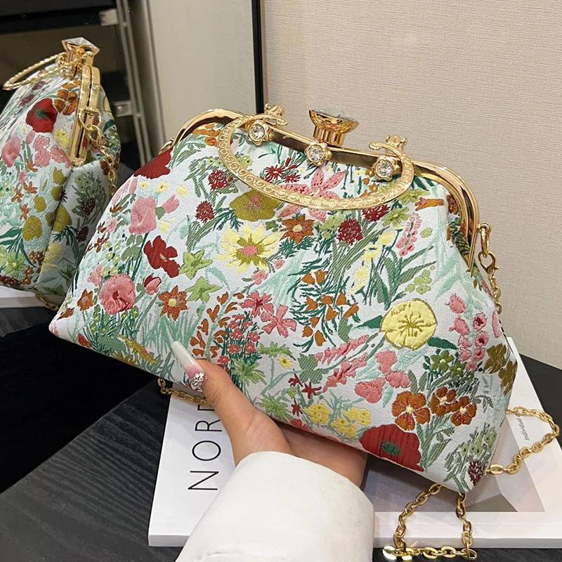 Flower Print Clutch for Women Evening Bags Ladies Chain Messenger Bags Crystal Canvas Handbags Fashion
