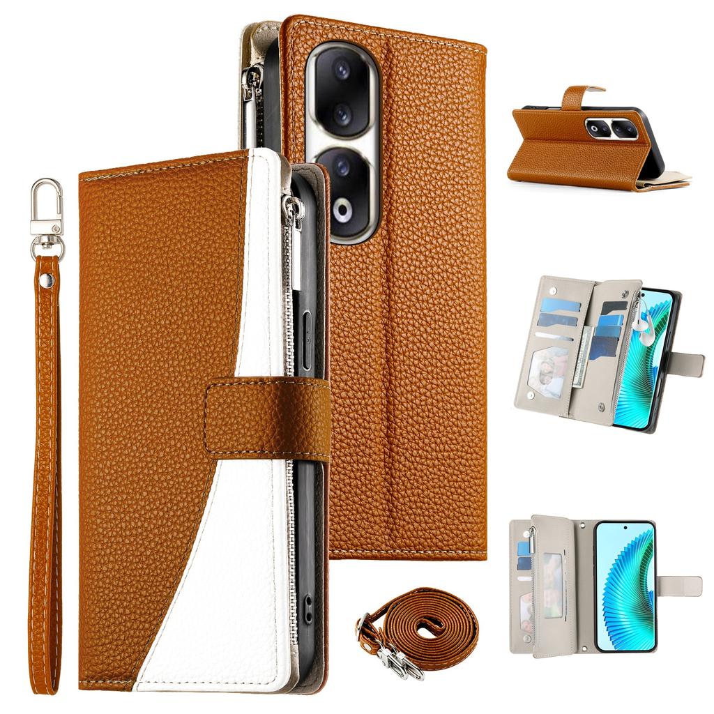 For Honor 90 Pro Case Zipper Wallet Color Splicing Leather Flip Phone Cover with Straps