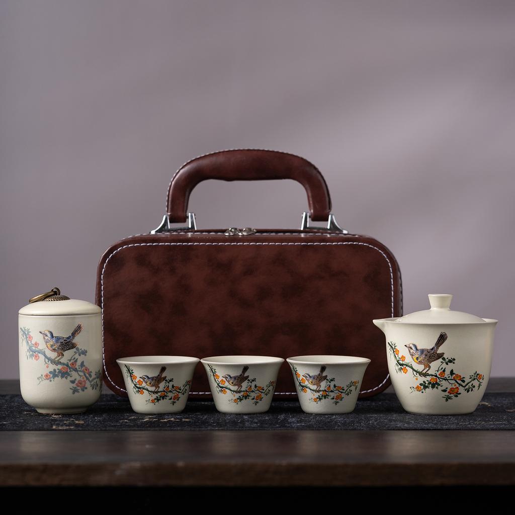 Mid-Autumn Festival Portable Ceramic Travel Tea Set, Three Cups Kuaike Cup Outdoor Kung Fu Teapot Gift Box