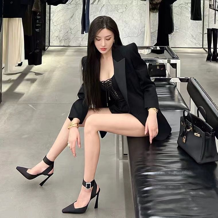 2025 early spring new rhinestone buckle satin high heels women's ankle buckle temperament socialite bag head sandals women