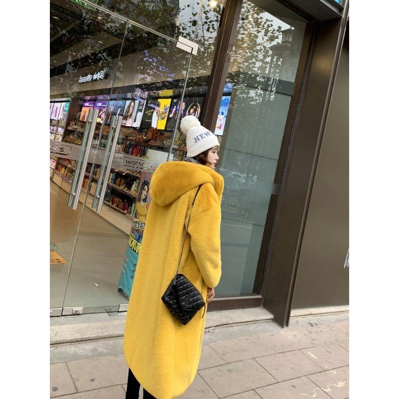 Furry jacket women's large size autumn and winter thickened imitation mink hair medium and long hooded loose plush imitation fur coat
