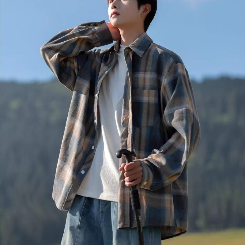 Frühling und Herbst Neues Herren Retro Locker Kariertes Langarmhemd
