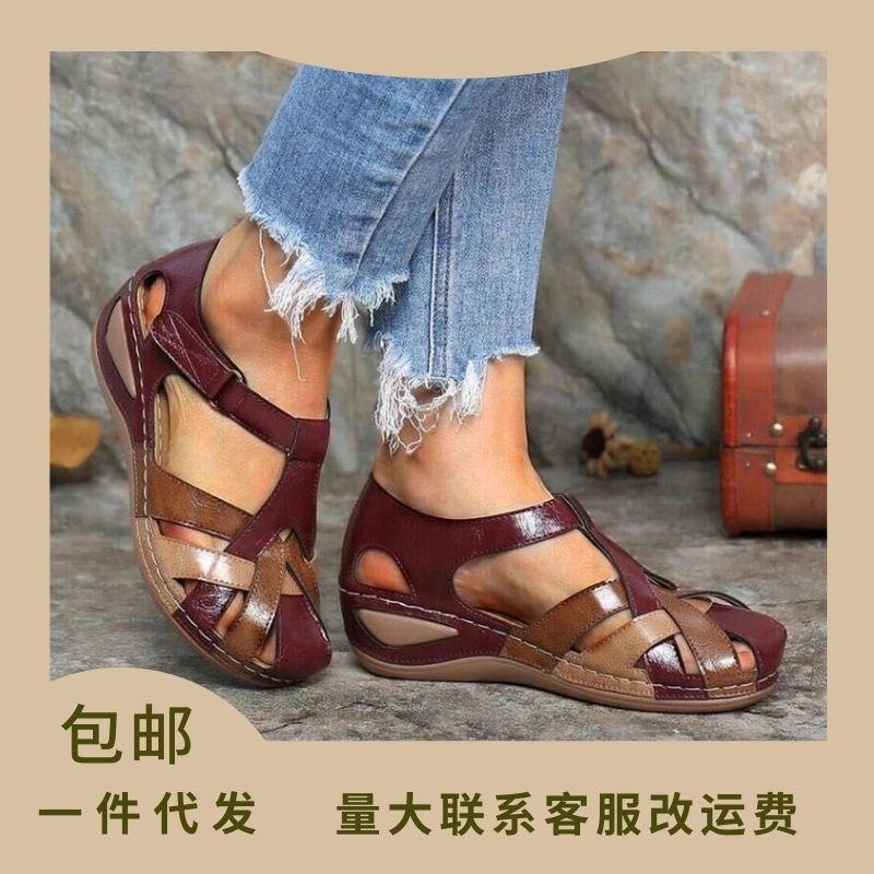 Foreign trade large size bag head sandals women's 2025 summer European and American retro round head wedge heel Velcro women's Roman shoes