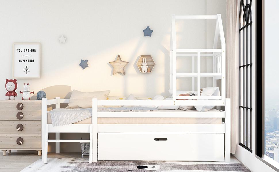 House Bed Children's Bed with Ladder and Drawers, incl. Slatted Frame, Solid Wood Loft Bed with Fall Protection 90x200cm White (without Mattress)