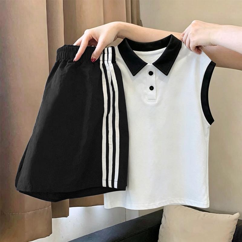 Girls' Patchwork Cotton Polo & Vest Set - Summer Casual Sleeveless Two-Piece