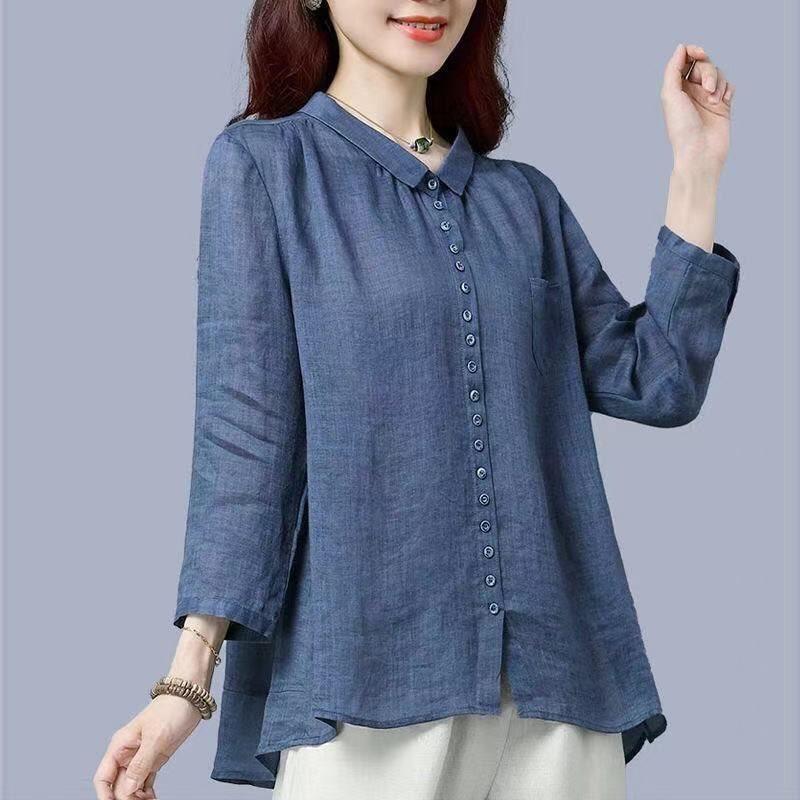 Women's Plus Size Nine-Sleeve Cotton Linen Ramie Top - Autumn 2025 Collection