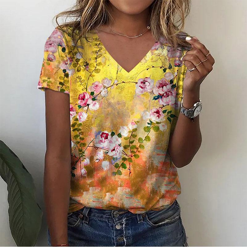 Neue Sommerliche Blumen Ölmalerei 3D Druck Damen V-Ausschnitt T-Shirts Harajuku Streetwear Oversized T-Shirt Tops Damenbekleidung