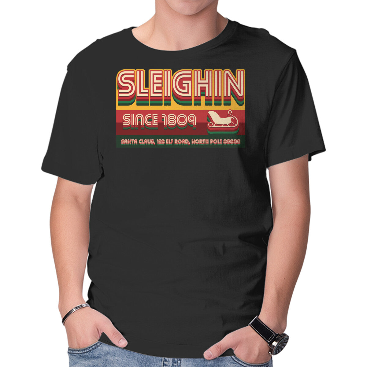 Unisex Crew Neck T-Shirt Sleighin Since 1809 Graphic Short Sleeve Casual Tee XXL
