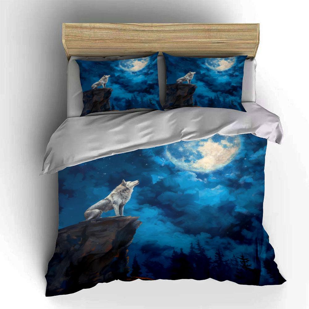 3Pcs Howling Wolf Bedding Set, White Wolf Under Full Moon Print Duvet Cover + 2 Pillowcases, Kids And Adults Home Decor EU Twin 135X200cm&set