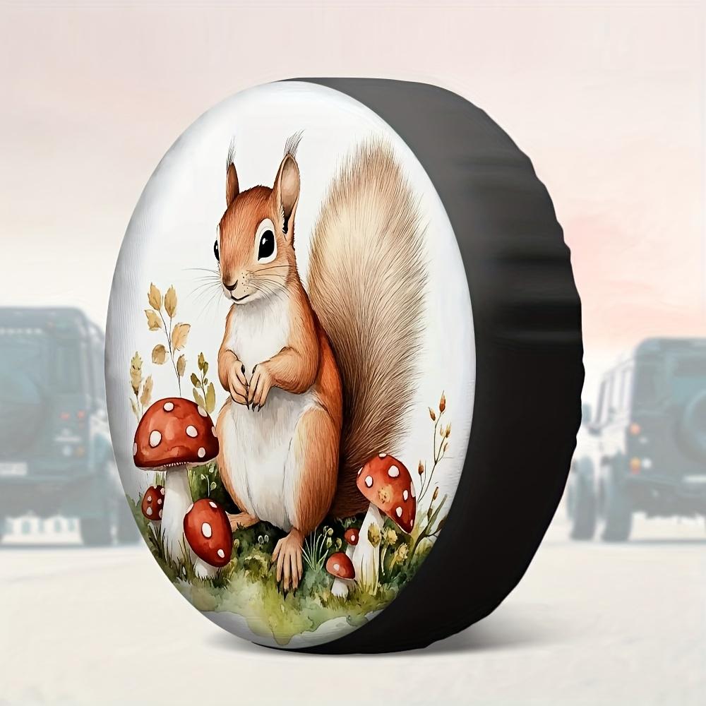 One Piece Of 2D Flat-Printed Universal Tire Cover Featuring An Adorable Squirrel And Charming Mushrooms, Made From Polyester Fab