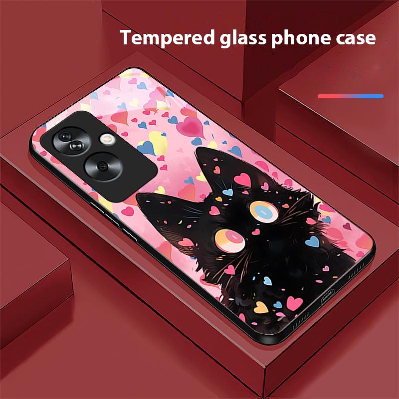 Cute Little Cat Black For Oppo A79 5G 58 78 74 60 4G Reno 11F Realme GT 6 11 Note 50 10 C55 X2 Tempered Glass Black Phone Case