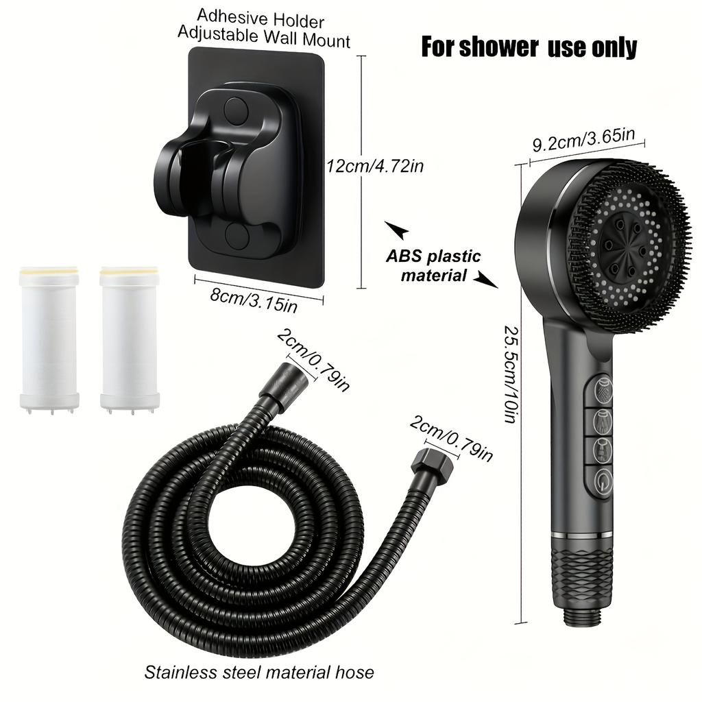 Handgehaltener Druck-Duschkopf, Vier Duschmodi, Ionisator, Ein/Aus-Schalter, Filter-Massagegerät mit Schlauch & Verstellbarem Halter, Nur zur Duschverwendung