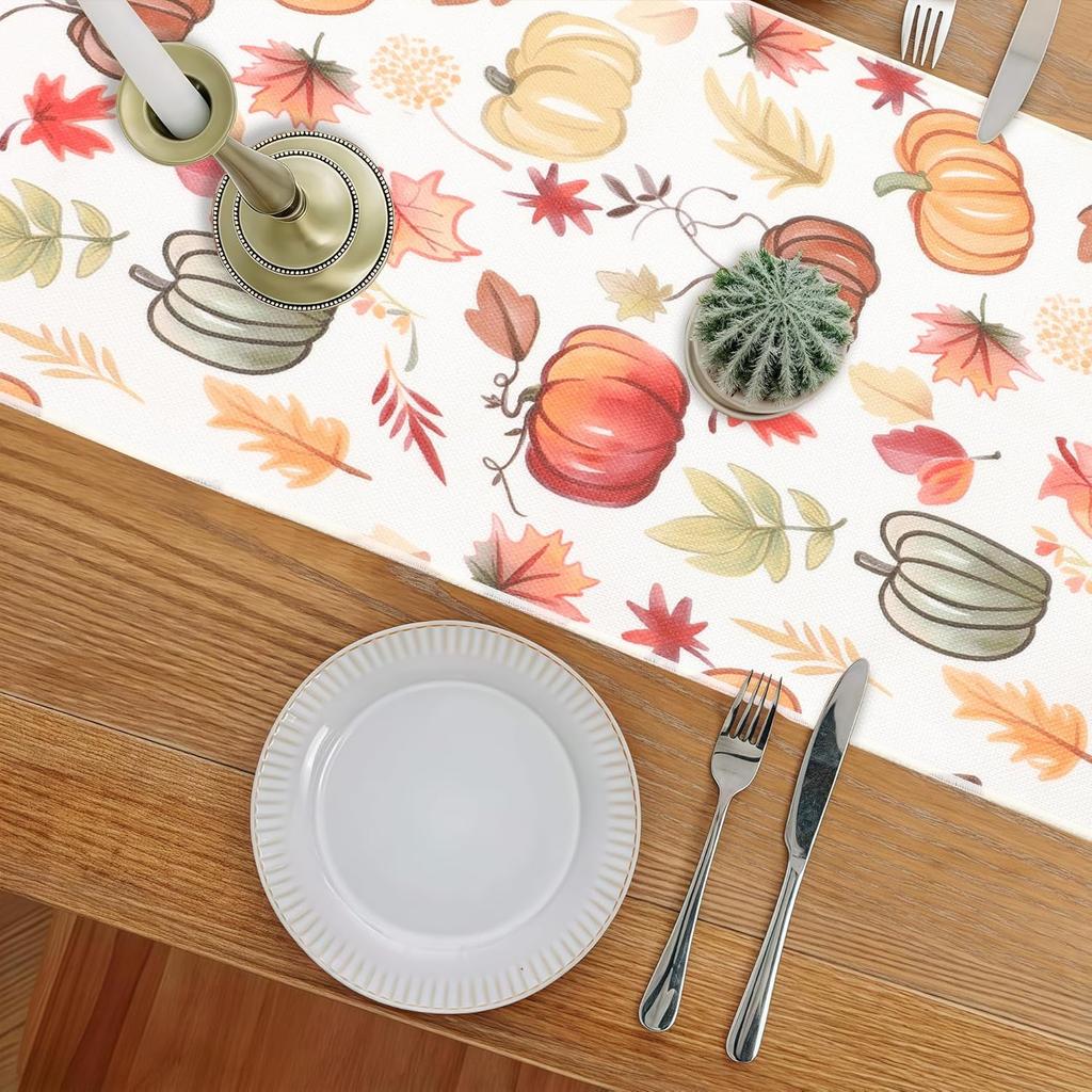 OWENIE Fall Table Runner for Kitchen Dining Table, Thanksgiving Autumn Printed Harvest Pumpk Maple Leaves Textured Fabric Halloween Holiday Home