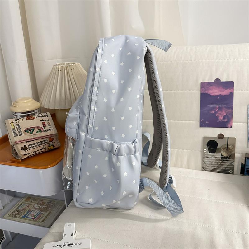 Cute Star Print Backpack for Women & Girls – Transparent Front Pocket, Lightweight Design – Perfect for School, Travel & Daily Use