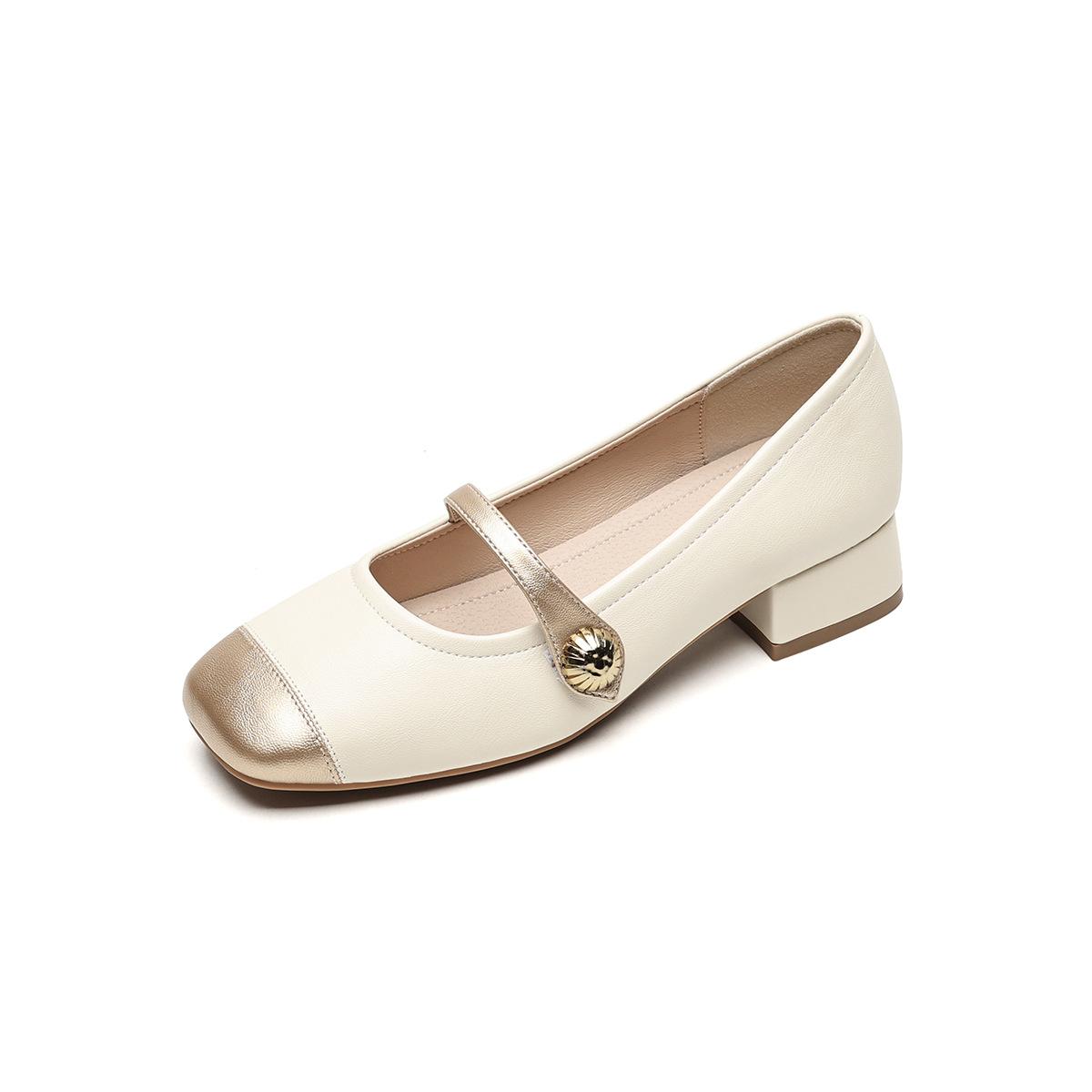 

Square head single shoes women s summer word with thick heel color matching light mouth Mary Jane shoes 42 абрикосовый