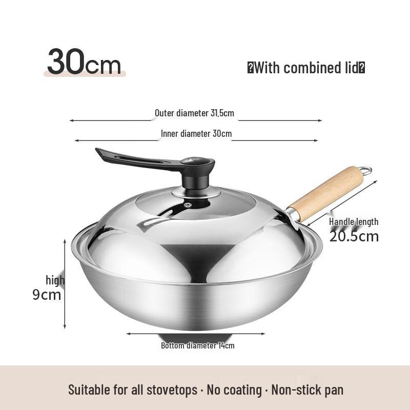 Zijin Heshi 30CM Refined Iron Non-Stick Wok, Flat Bottom, 2-Pack
