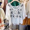 Spring Summer Crochet Top Chiffon Flower Embroidery Daisy Long Sleeve Button Front Fake Two-Piece Blouse