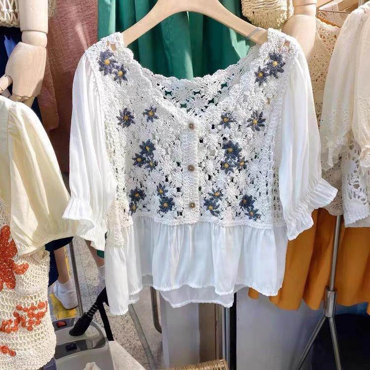 Spring Summer Crochet Top Chiffon Flower Embroidery Daisy Long Sleeve Button Front Fake Two-Piece Blouse