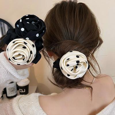Elegant Women Rose Flower Hair Bands for Girls Dot Printed Scrunchies Hair Accessories Korean Hair Tie Elastic Head Band