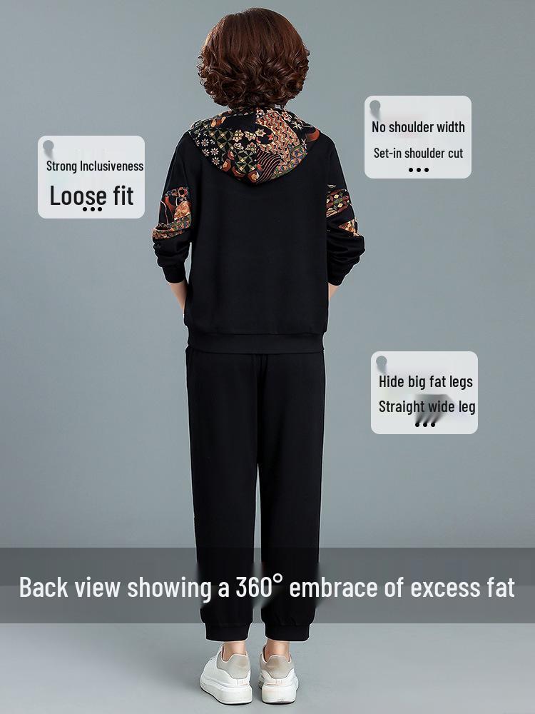 Woodpecker Autumn Sportswear Set for Middle-Aged Women – Fashionable Plus Size Two-Piece for Spring & Fall