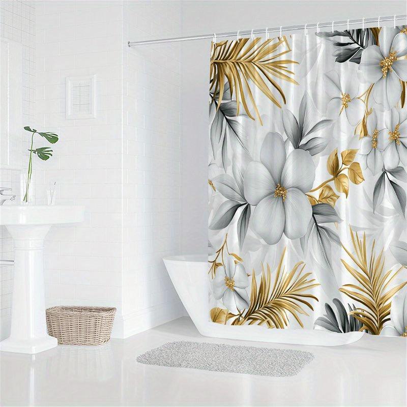 1Pc Floral Shower Curtain With White Hibiscus And Gold Foil Design, Polyester Fabric, Machine Washable, Suitable For Bathroom