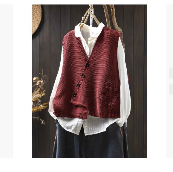 Кружевное аппликационное V-образное хлопковое вязаное жилетное платье Женское свободного кроя многослойный кардиган Осенне-зимняя мода Оверсайз топ без рукавов One size красный