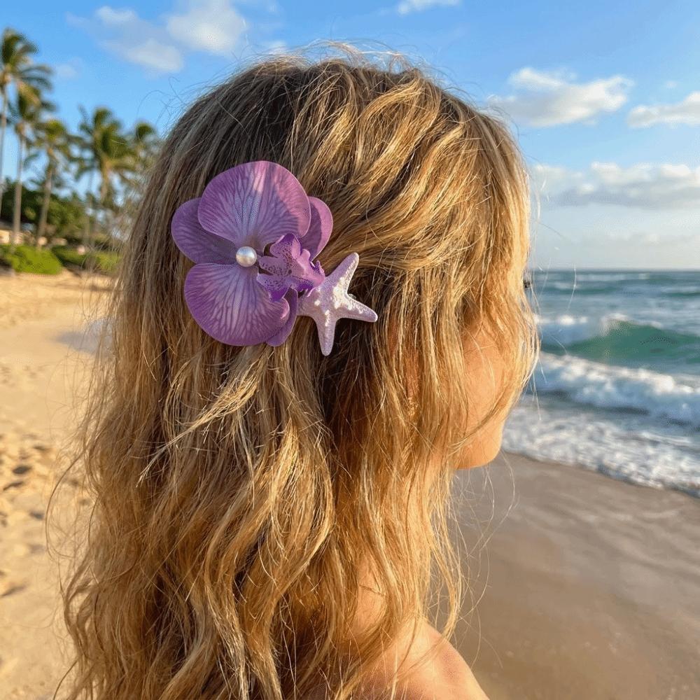 Trendy Orchid Flower Hairpin Vintage Resin Starfish Hair Clip Vacation Pearl Hair Clip  Wedding