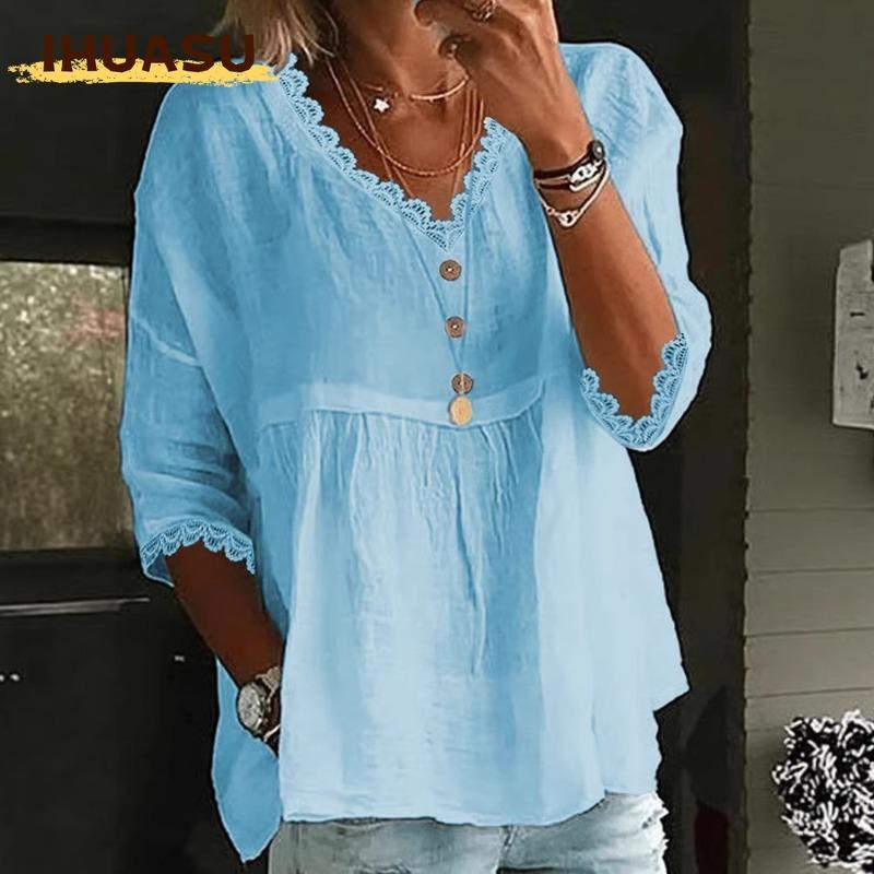 IHUASU Women's Fashion Casual Solid Color Print 3/4 Sleeves V Neck Blouses & Shirts Unique design