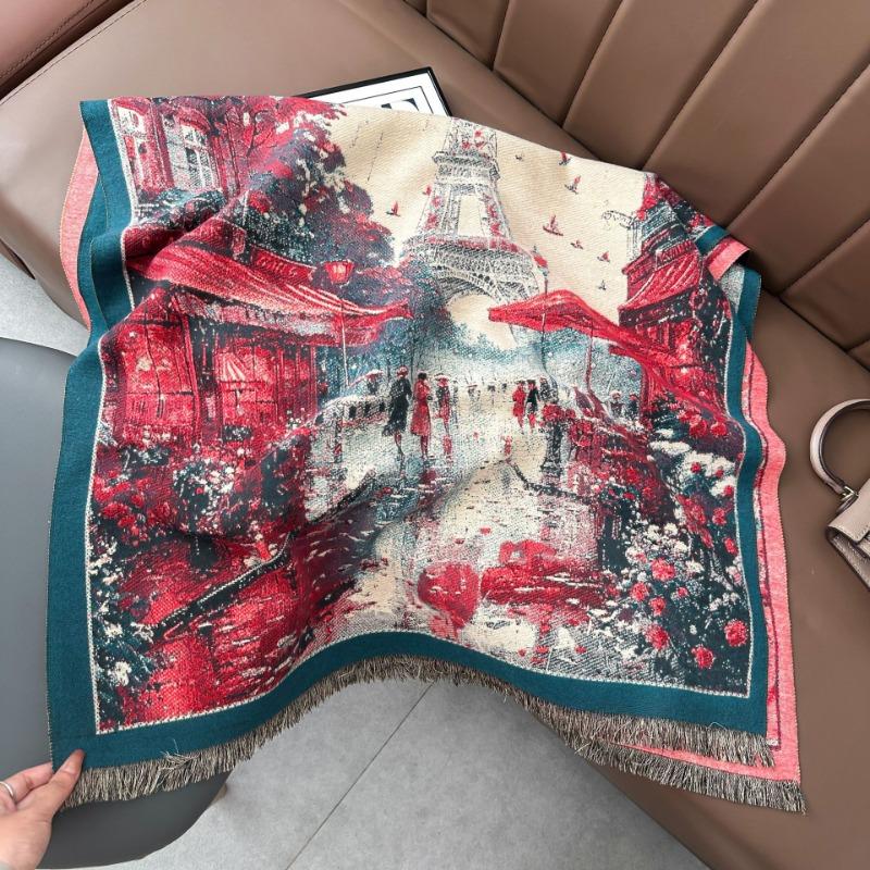 Autumn and winter new double-sided color oil painting series imitation cashmere thickened warm scarf women's air conditioner shawl