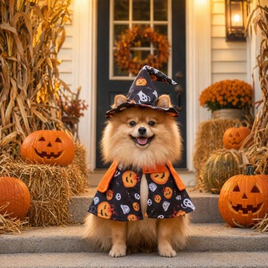 Jijijing 1 Set Halloween Pet Costume, Adjustable Wizard Hat And Cape, Cute Pumpkin Ghost Prints, Fun Outfit for Small Dogs Cats Festive Apparel