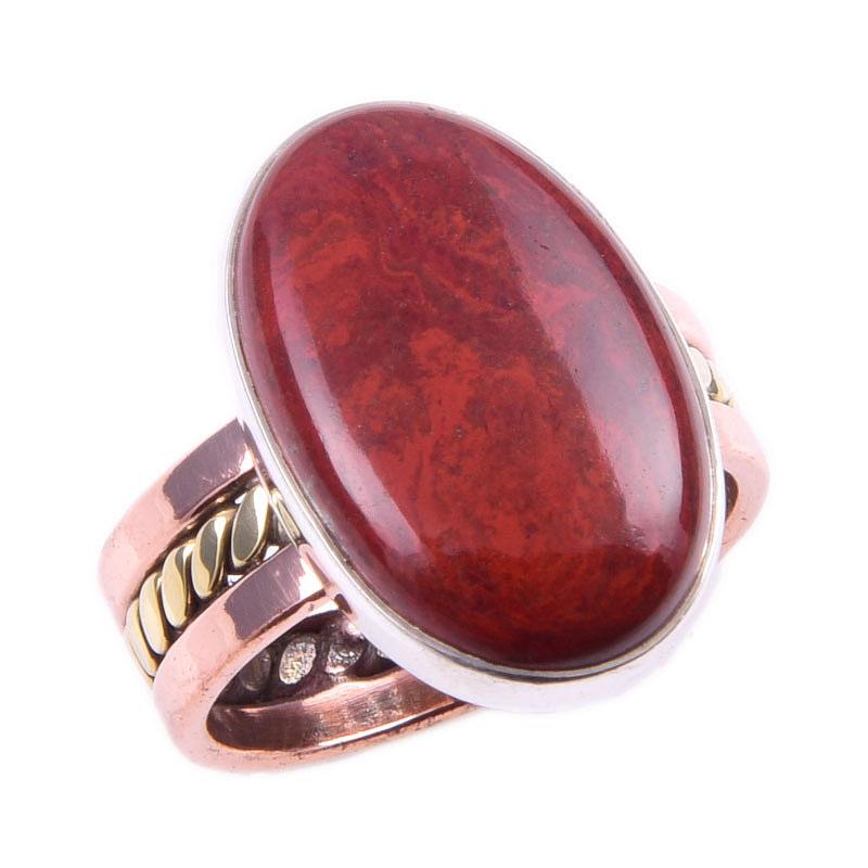 Natural Red Jasper Gemstone Handmade 925 Sterling Silver Two Tone Ring S.6 I1D48