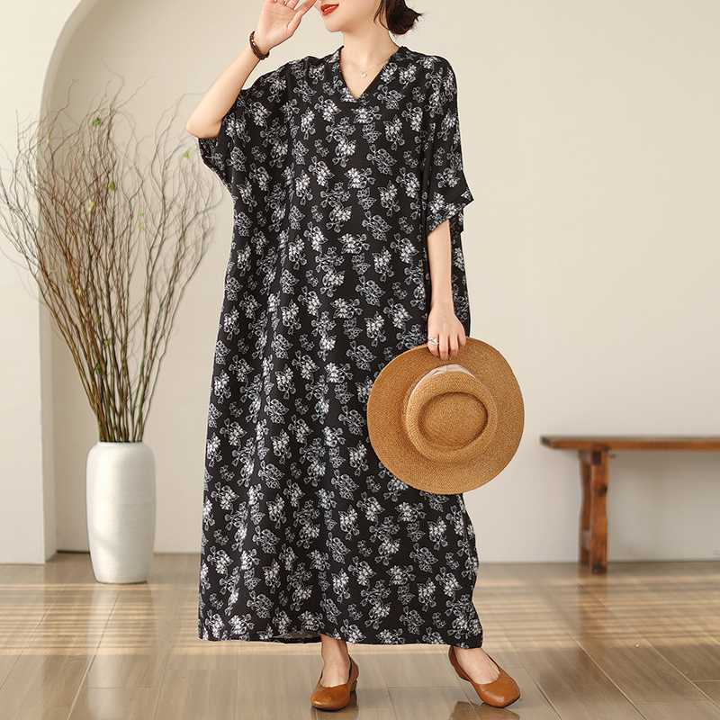 

Литературный Ретро Отпускной Стиль Путешествия Плюс Платья с V-образным вырезом и закрытым мясом One Size чёрный