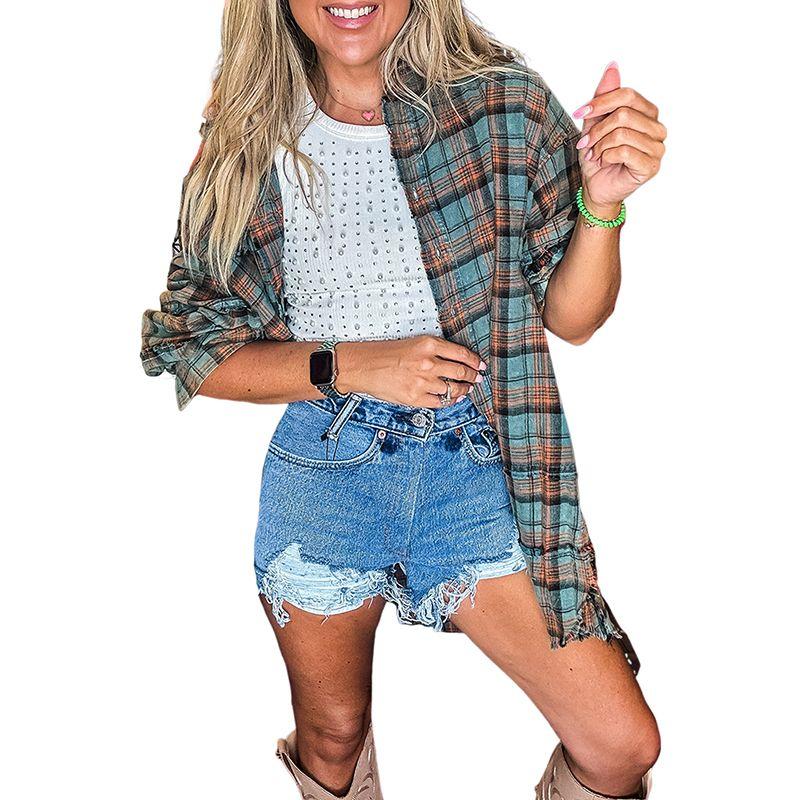 

2025 Early Autumn New Versatile Plaid Color Matching Shirts Women European and American Fashion Design Sense Side Slit Hem Shirt Women Green S code fits (45.00 kg-55.00 kg