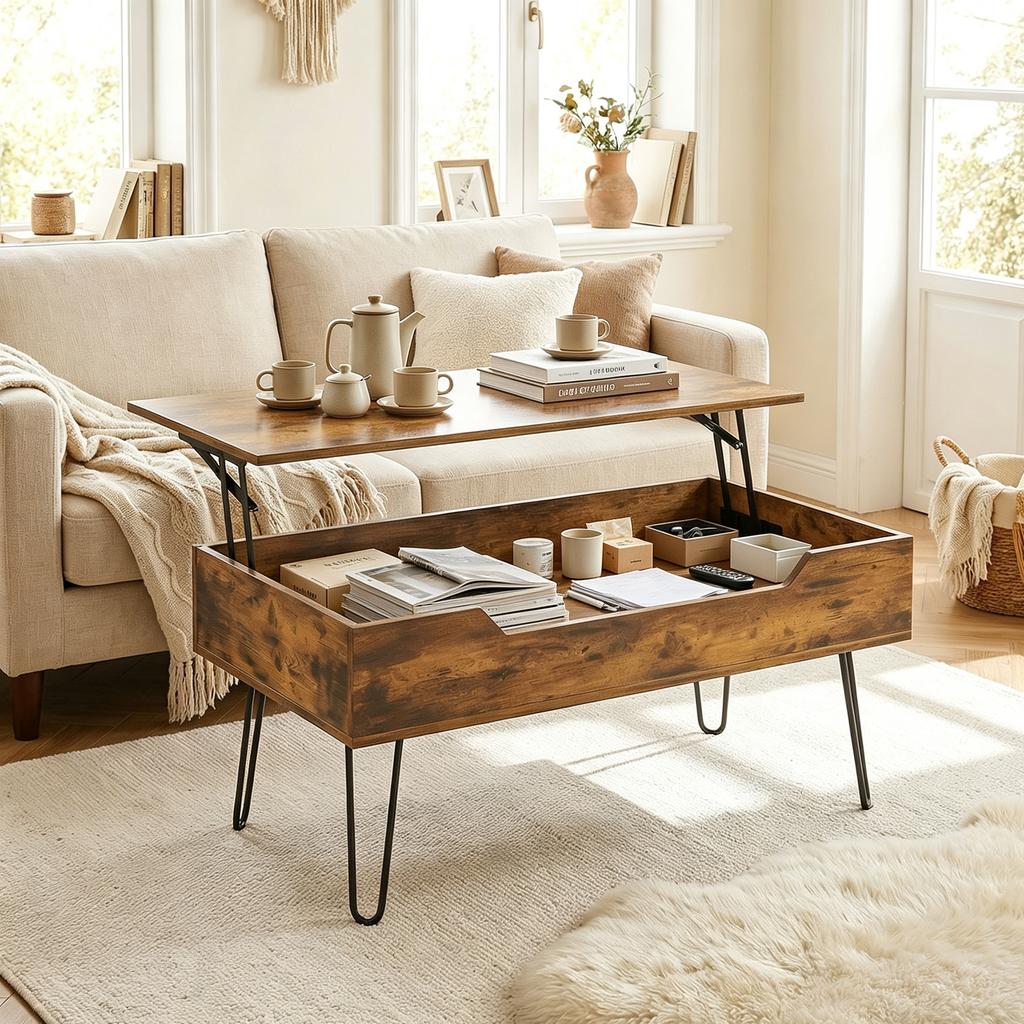 Lift-Top Wooden Coffee Table, Hidden Storage, Adjustable Height, 95 x 50 x 40 cm, Rustic Brown