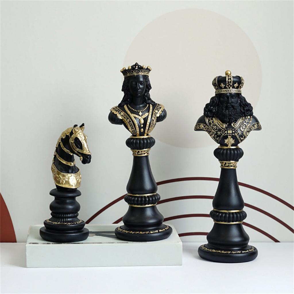 Elegant Schackstaty Drottning/Kung/Häst Dekorativ Resin Skulptur i Svart/Vitt för Hemkontor och Studierumsdekoration