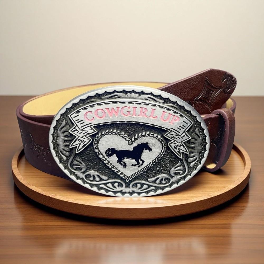 Cinturón Floral en Relieve de Marca de Moda COWGIRL UP Hebilla de Corazón Caballo Cinturilla para Mujeres Spice Girls