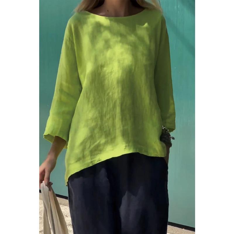 

JKASHDK женские модные повседневные весенне-осенние однотонные блузки и рубашки с круглым вырезом и длинными рукавами с принтом XXXXL желто-зеленый