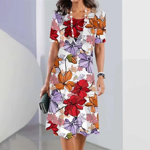 Elegant Women Short Sleeve Fashion 3d Print Midi Dress Plus Size Beach Clothing