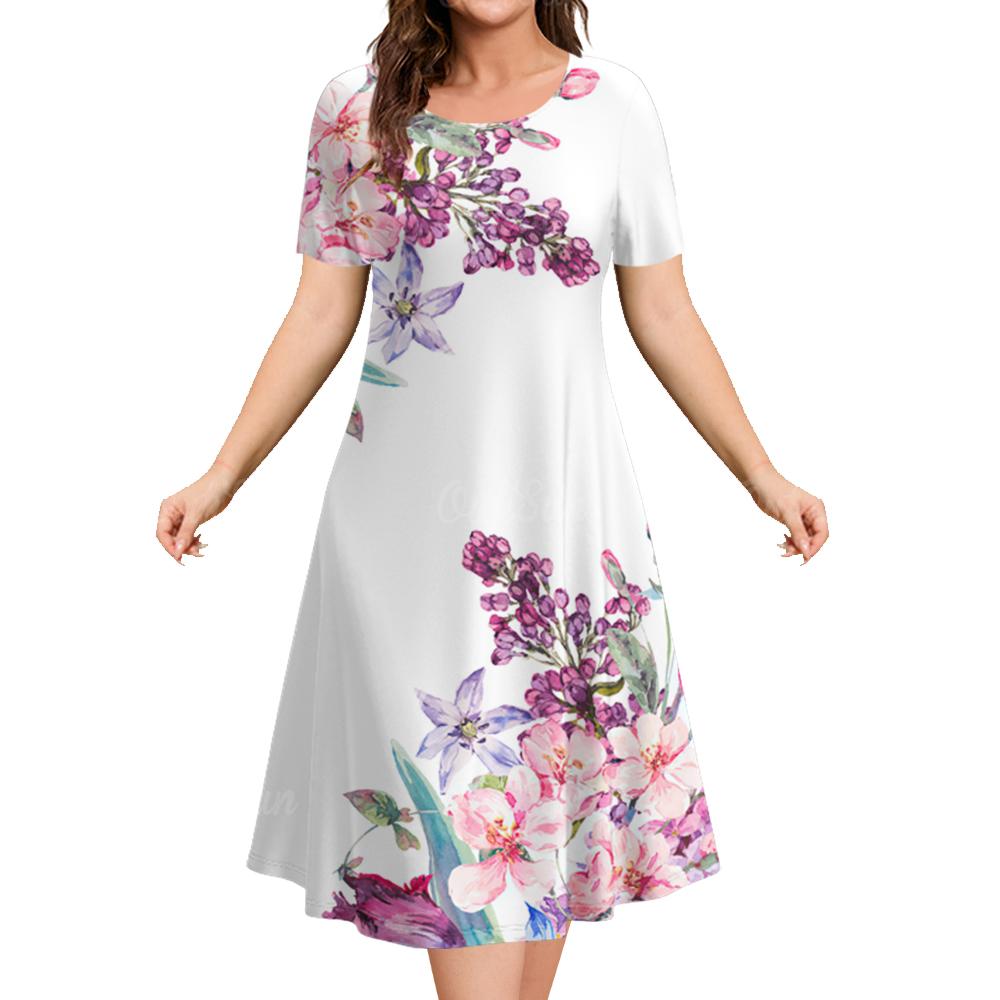 Women's Dresses 2025 Summer  Flower Elements  Dresses Elegant Casual Loose fashion Short Sleeve Dresses