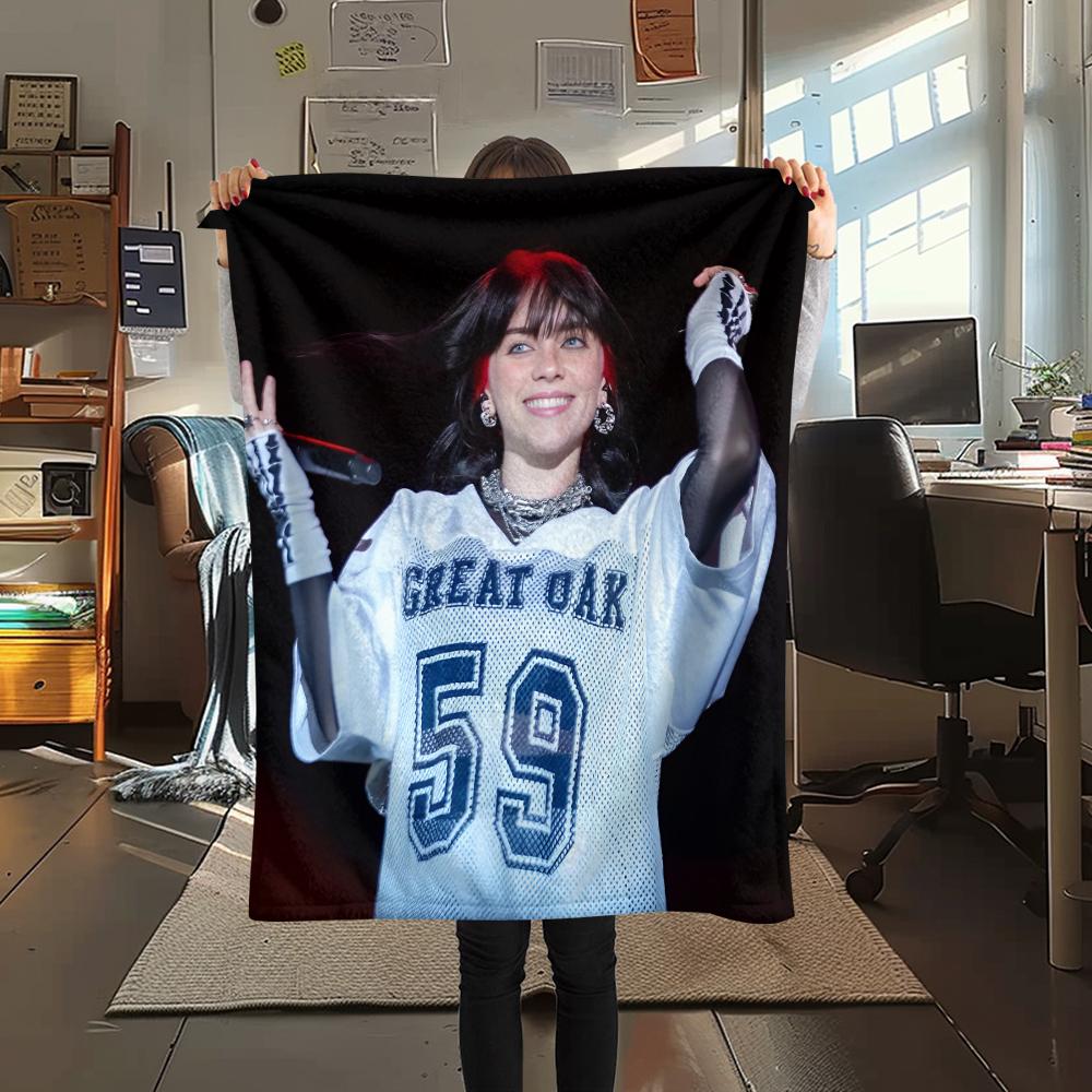 1PC Billie Eilish Print Flannel Blanket, High quality All Seasons, Home Decor, Warmth and Comfort, Perfect for Christmas Gifts