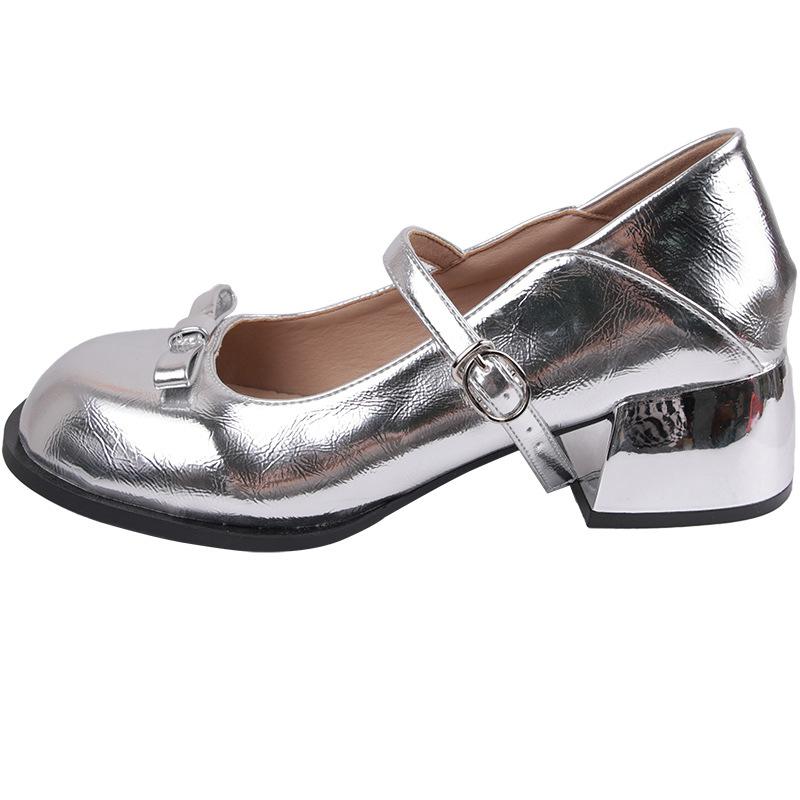 Gentle ins silver French thick heel Mary Jane shoes women's 2025 new summer light mouth with skirt round head single shoes