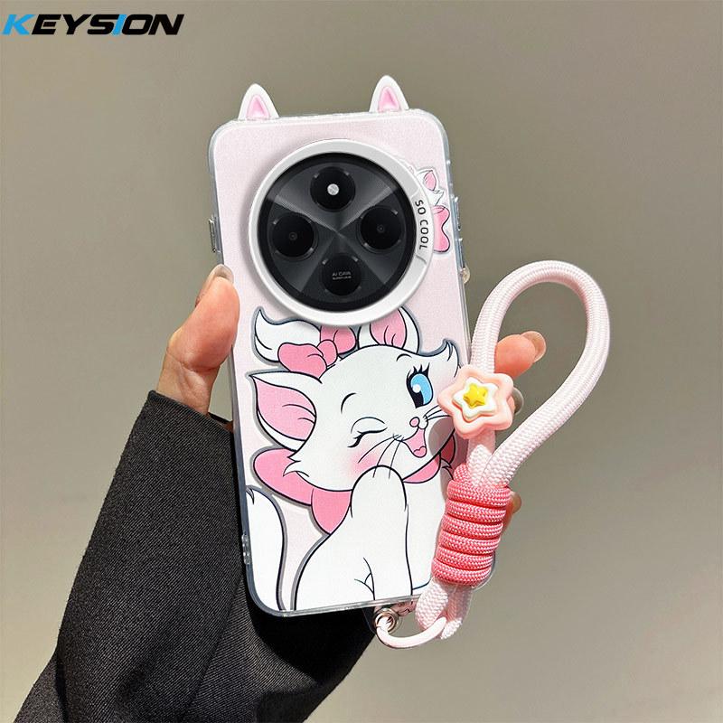 KEYSION Cute Ear Cartoon Case for Redmi 14C with Lanyard Soft Silicone+PC Shockproof Phone Back Cover for Xiaomi POCO C75