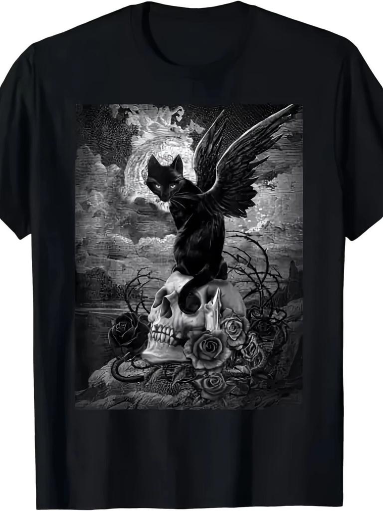 Evil Cat Bat Skull Gothic Witch Halloween Graphic Tee Unisex Cotton