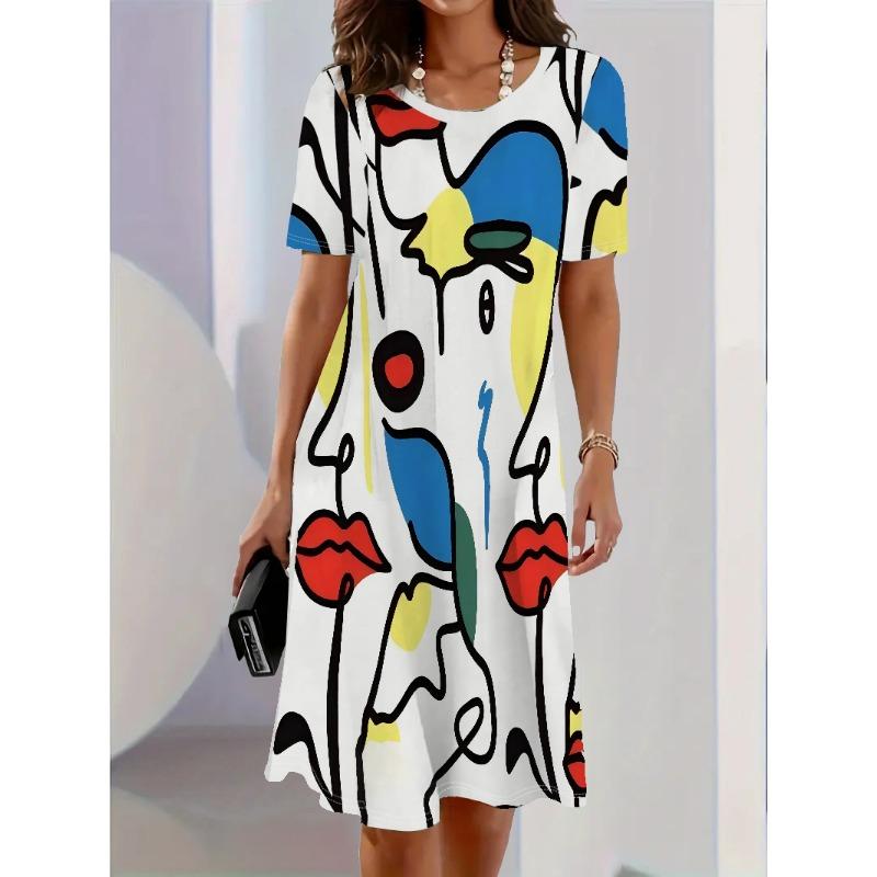 Colorful Geometric Patterns Women Short Dress Summer Fashion 3D Print Loose Mini Dress Casual Short Sleeve Ladies Party Dresses