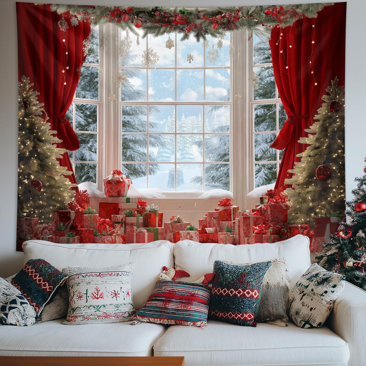 

Рождественская вечеринка украшение гобелен зимняя снежная сцена рождественская елка гирлянда оконный пейзаж настенный домашний декор 200x150cm