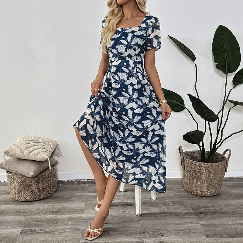 JKASHDK Robes décontractées pour femmes, mode été printemps imprimé floral, manches courtes, col carré, taille haute