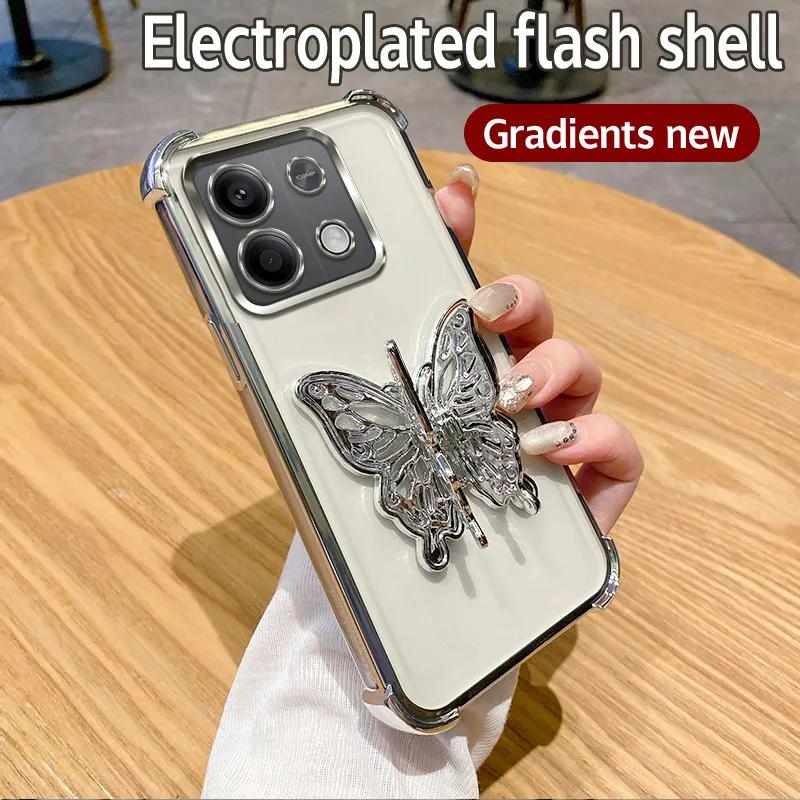 Etui z uchwytem 3D w kształcie motyla z powłoką galwaniczną dla Xiaomi Redmi 15C Note 15 Note 14 Pro Plus 14C POCO C85 4G 5G Odporne na wstrząsy etui z podstawką
