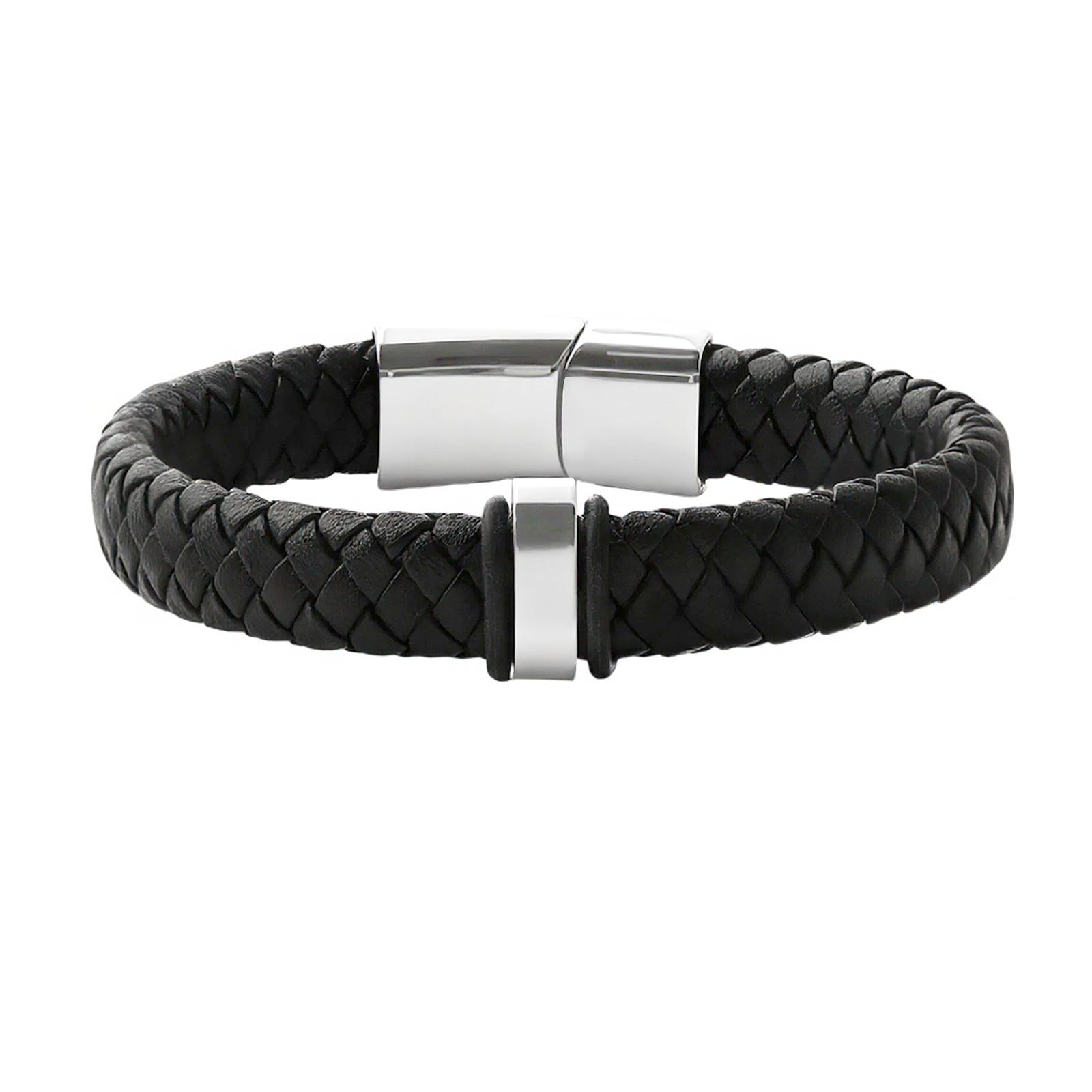 

Men s Leather Bracelet Birthday Gift Stainless Steel Positioning Ring Magnetic Buckle Black Leather Positioning Ring Engraved Bracelet 2-section tail buckle
