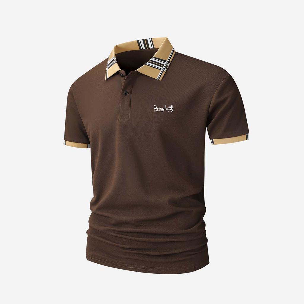 Men's Striped Collar Short Sleeve Polo Pringle Lion Logo Print Breathable Casual Sport Tops