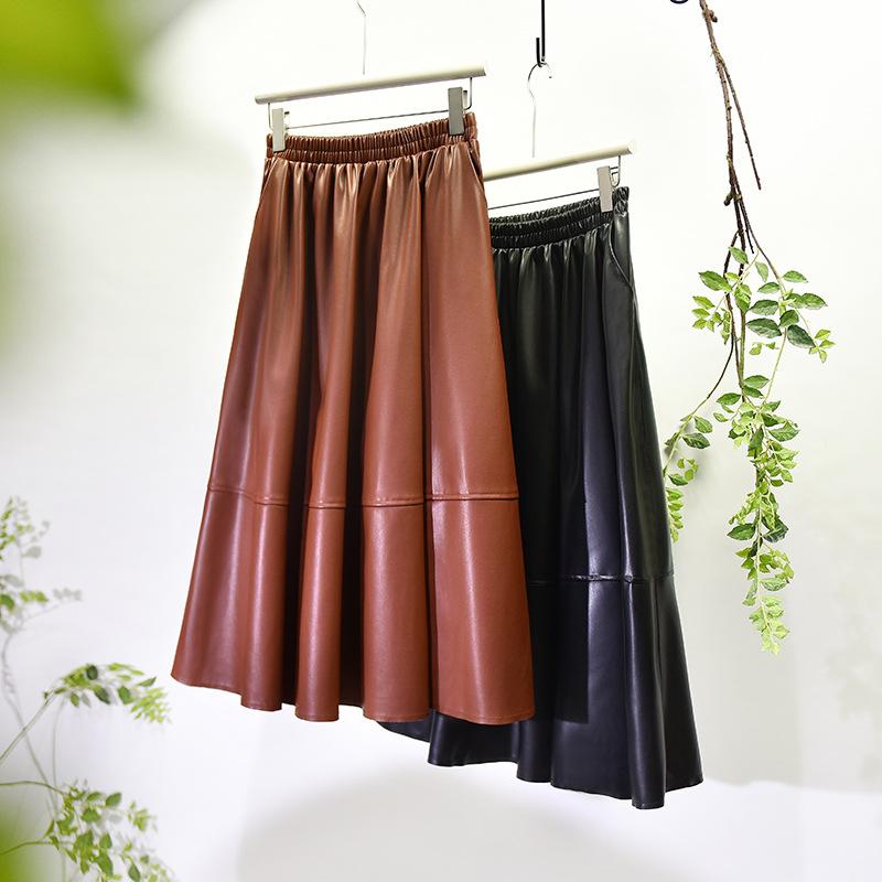 Women's Faux Leather Skirts Vintage High Wiast A Line Midi PU Leather Skirt for Women High Waisted Pleated Long A-line Swing Midi Skirt with Pockets